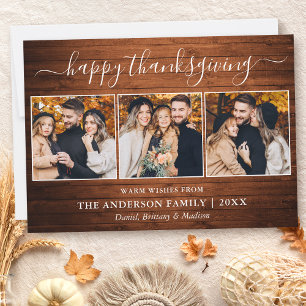 Calligraphy Happy Thanksgiving Wood 3 Photo Holiday Card