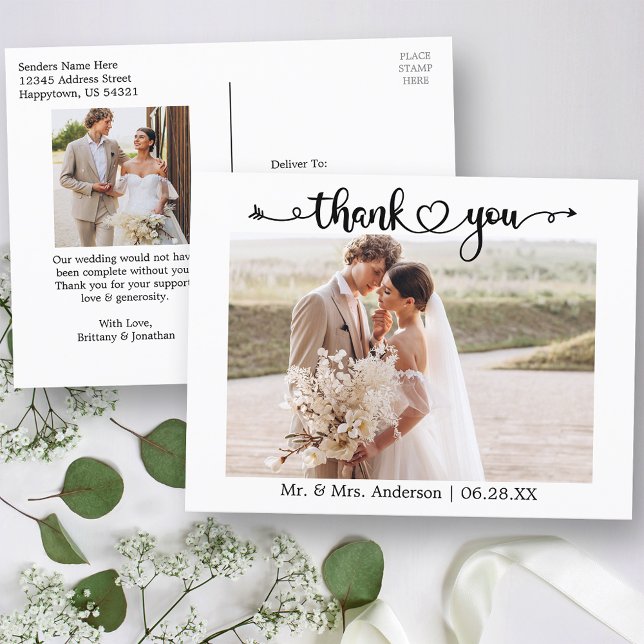 Calligraphy Heart 2 Photo Wedding Thank You Postcard (Customize to change your personalized text size or text style.)