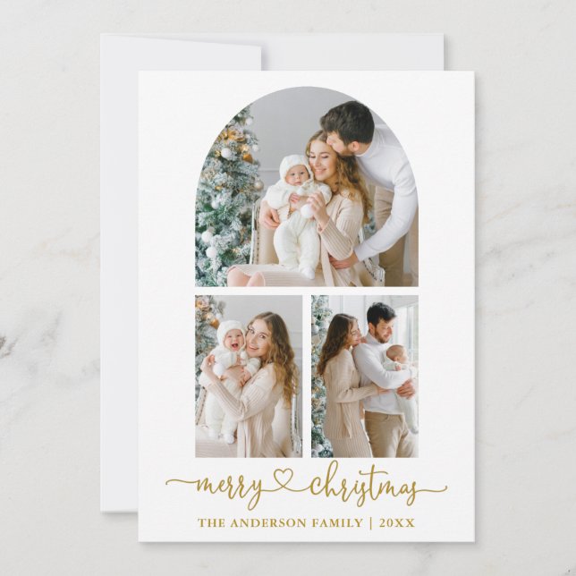 Calligraphy Heart 3 Photo Arch Christmas Gold Holiday Card (Front)