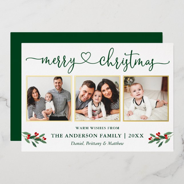 Calligraphy Heart 3 Photo Christmas Holly Gold Foil Holiday Card (Front/Back)