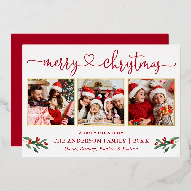 Calligraphy Heart 3 Photo Christmas Holly Red Gold Foil Holiday Card (Front/Back)