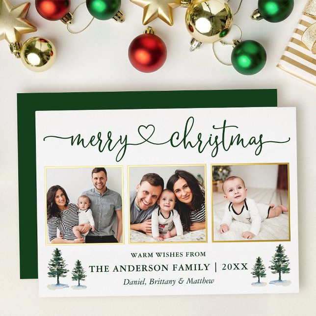 Calligraphy Heart 3 Photo Christmas Pines Gold Foil Holiday Card (Gold Foil Frame Christmas Card)
