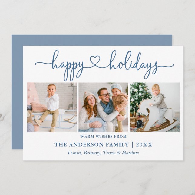 Calligraphy Heart 3 Photo Dusty Blue Holiday Card (Front/Back)