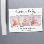 Calligraphy Heart 3 Photo Hello Baby Magnet Card<br><div class="desc">Modern Minimalist Simple Calligraphy Script Heart Hello Baby Photo Announcement Magnet Card -  3 Photos</div>