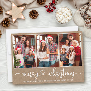 Calligraphy Heart 3 Photo Kraft Merry Christmas Holiday Card