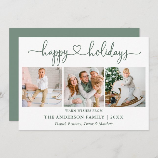 Calligraphy Heart 3 Photo Sage Green Holiday Card (Front/Back)