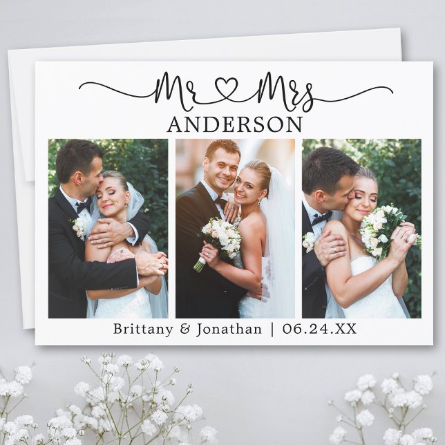 Calligraphy Heart 3 Photos Mr. and Mrs. Wedding Thank You Card (Customize to change your personalized text size or text style.)