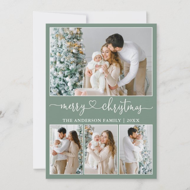 Calligraphy Heart 4 Photo Christmas Sage Green Holiday Card (Front)