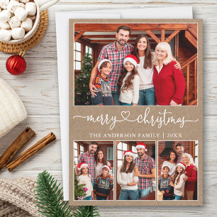 Calligraphy Heart 4 Photo Kraft Merry Christmas Holiday Card