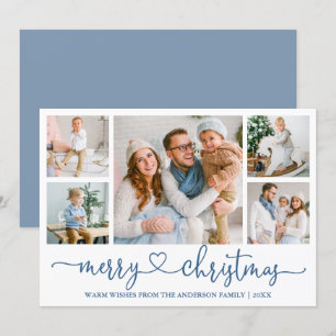 Calligraphy Heart 5 Photo Christmas Dusty Blue Holiday Card