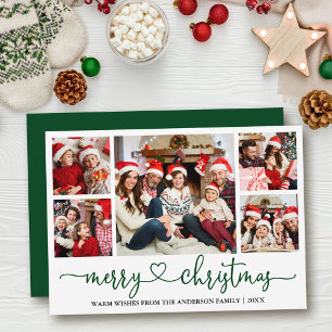Calligraphy Heart 5 Photo Christmas Green Holiday Card