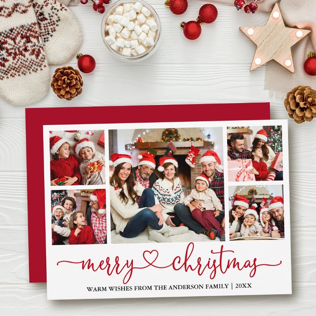 Calligraphy Heart 5 Photo Christmas Red Holiday Card (Customize to add text to back of card or to change color of  back of card.)