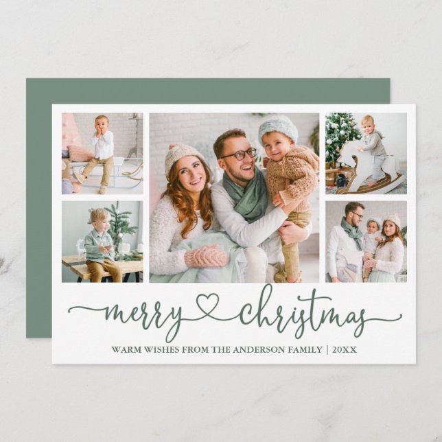 Calligraphy Heart 5 Photo Christmas Sage Green Holiday Card (Front/Back)