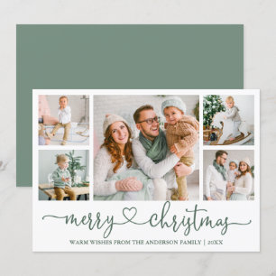 Calligraphy Heart 5 Photo Christmas Sage Green Holiday Card