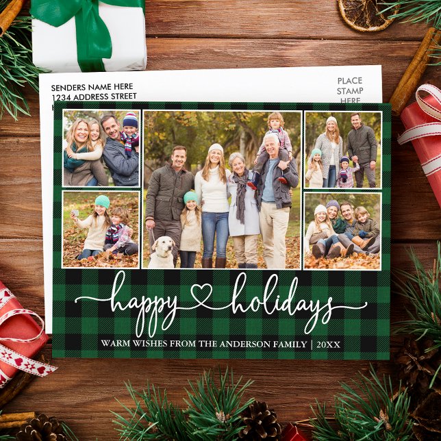 Calligraphy Heart 5 Photo Green Plaid Holiday Postcard (Customize to change your personalized text size or text style.)