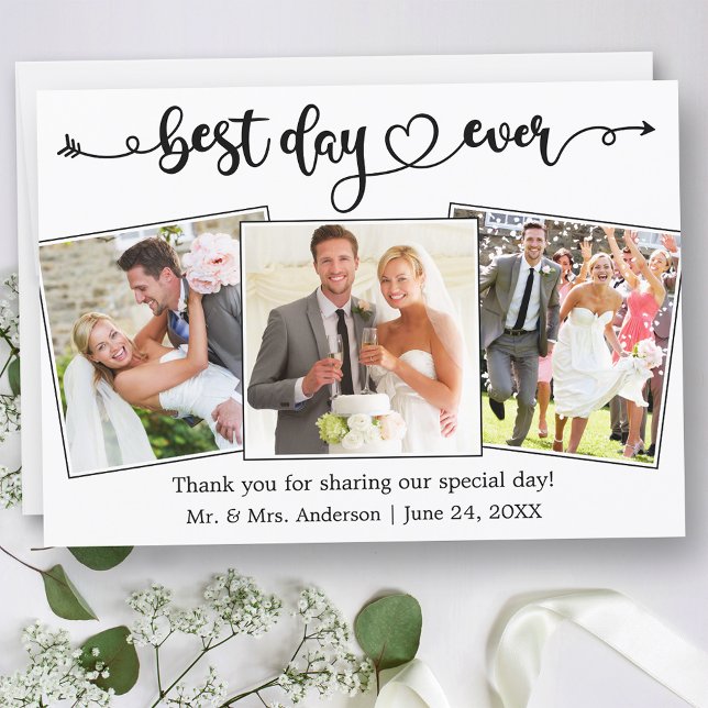 Calligraphy Heart Best Day Ever 3 Photo Wedding Thank You Card (Customize to change your personalized text size or text style.)