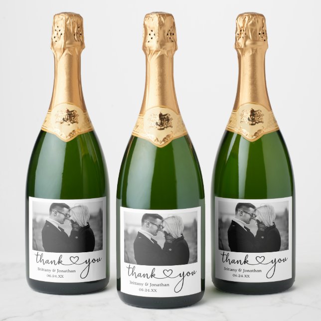 Calligraphy Heart Black and White Photo Wedding Sparkling Wine Label (Bottles)