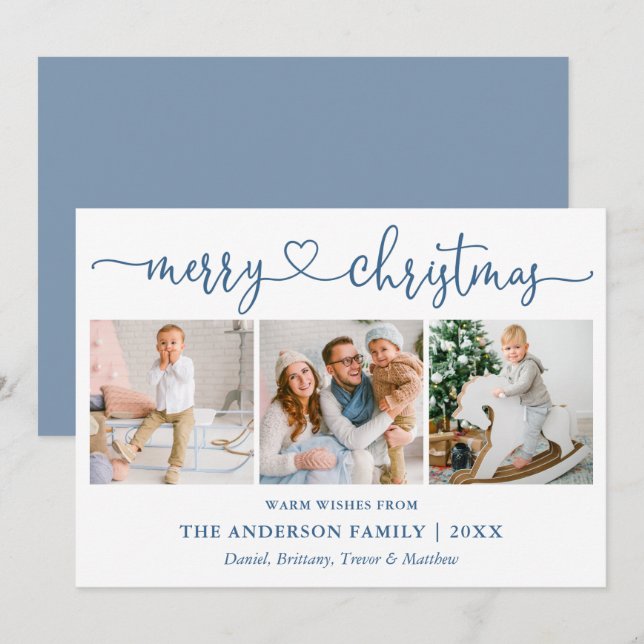 Calligraphy Heart Christmas 3 Photo Dusty Blue Holiday Card (Front/Back)