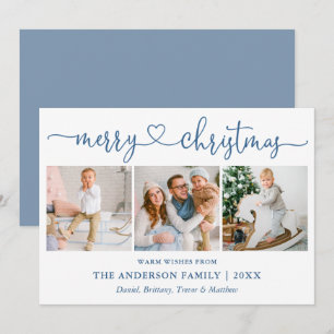 Calligraphy Heart Christmas 3 Photo Dusty Blue Holiday Card