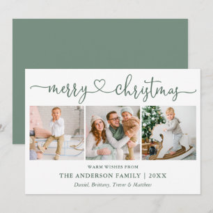 Calligraphy Heart Christmas 3 Photo Sage Green Holiday Card