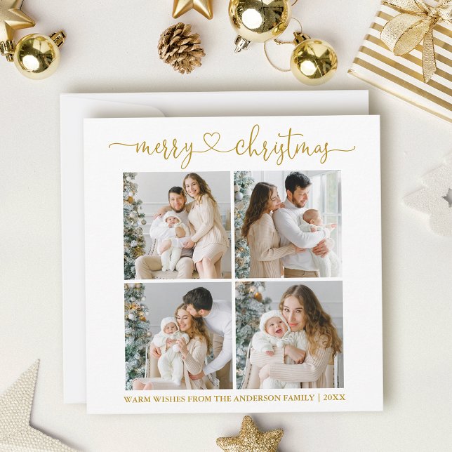 Calligraphy Heart Christmas 4 Photo Gold Square Holiday Card (Customize to add change your personalized text size or text style.)