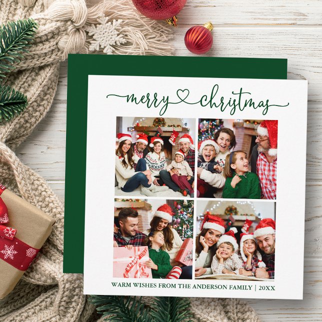 Calligraphy Heart Christmas 4 Photo Green Square Holiday Card (Customize your change your personalized text size or text style.)