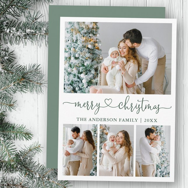 Calligraphy Heart Christmas 4 Photo Sage Green Holiday Card (Customize to add text to back of card.)