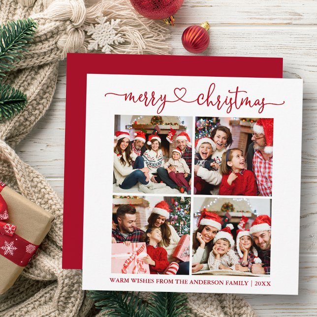 Calligraphy Heart Christmas 4 Photo Square Red Holiday Card (Customize your change your personalized text size or text style.)