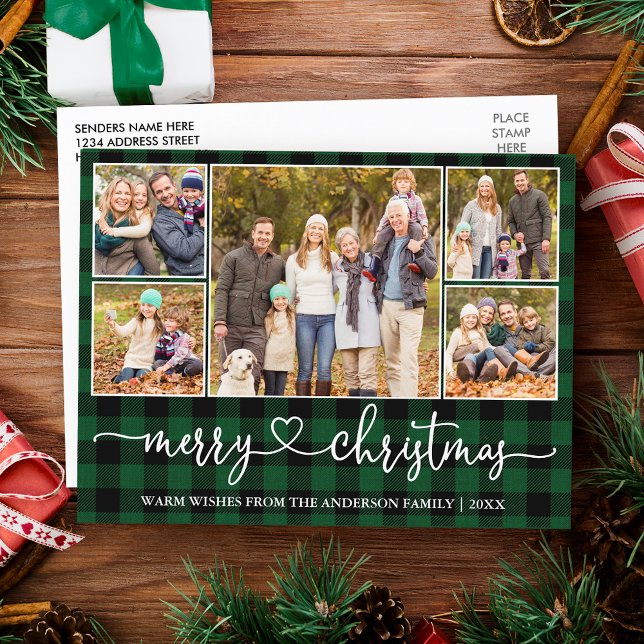 Calligraphy Heart Christmas 5 Photo Green Plaid Postcard (Customize to change your personalized text size or text style.)