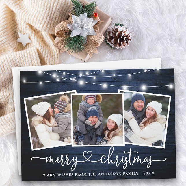 Calligraphy Heart Christmas Blue Wood Lights Holiday Card (Customize to add text to back of card.)