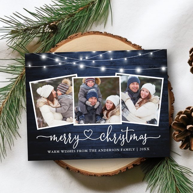 Calligraphy Heart Christmas Blue Wood Lights Postcard (Customize to change your personalized text size or text style.)