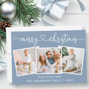 Calligraphy Heart Christmas Dusty Blue 3 Photo Holiday Card