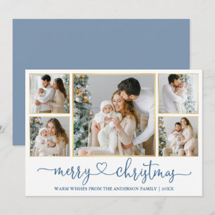 Calligraphy Heart Christmas Gold Dusty Blue Photo Holiday Card