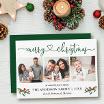 Calligraphy Heart Christmas Holly 3 Photo Green Holiday Card<br><div class="desc">Modern Calligraphy Heart Script Merry Christmas 3 Photo Holiday Card includes Watercolor Red Holly Berries - Green Script</div>