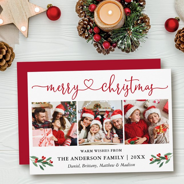 Calligraphy Heart Christmas Holly 3 Photo Red Holiday Card (Customize to add text to back of card or to change color of  back of card.)