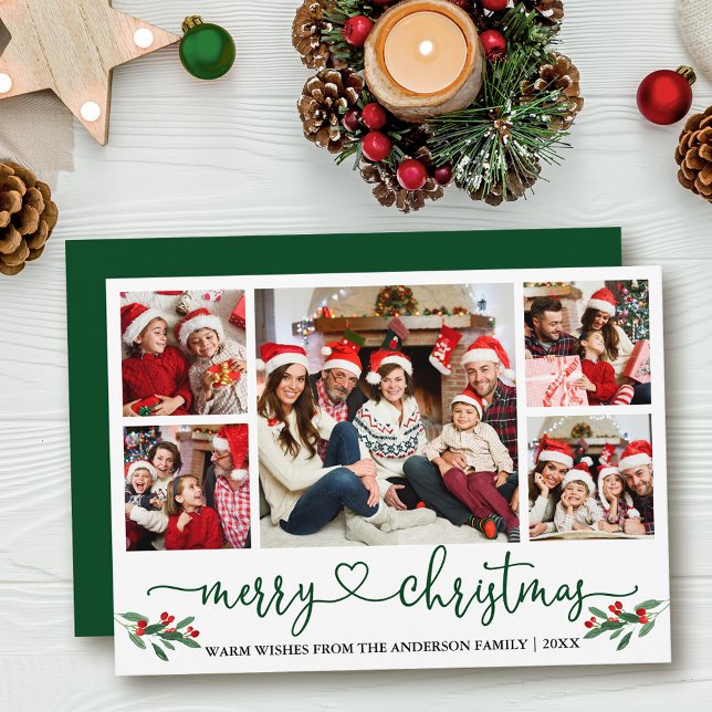 Calligraphy Heart Christmas Holly 5 Photo Green Holiday Card (Customize to add text to back of card or to change color of  back of card.)