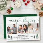 Calligraphy Heart Christmas Pines 3 Photo Green Holiday Card<br><div class="desc">Modern Calligraphy Heart Script Merry Christmas 3 Photo Holiday Card includes Watercolor Pine Trees - Green Script</div>