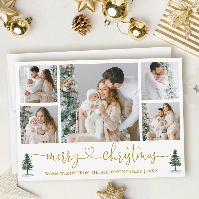Calligraphy Heart Christmas Pines 5 Photo Gold Holiday Card (Customize to add text to back of card.)