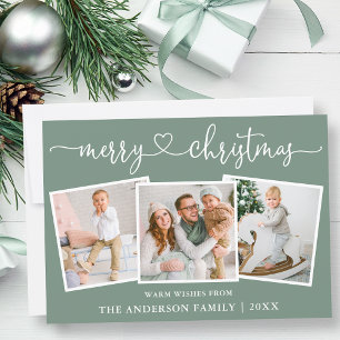 Calligraphy Heart Christmas Sage Green 3 Photo Holiday Card