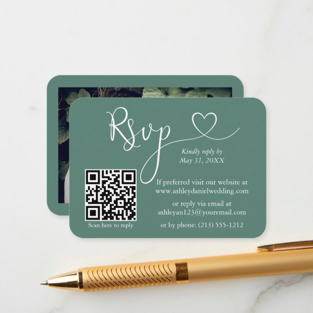 Calligraphy Heart Eucalyptus Green Wedding RSVP QR Enclosure Card (Front/Back In Situ)