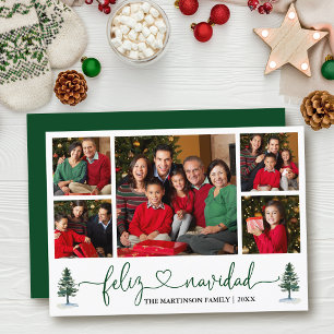 Calligraphy Heart Feliz Navidad 5 Photo Pine Trees Holiday Card
