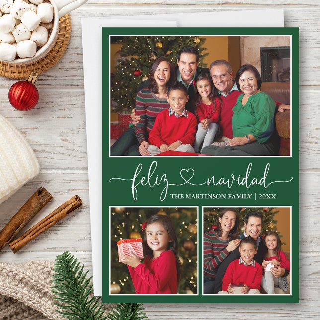 Calligraphy Heart Feliz Navidad Green 3 Photo Holiday Card (Customize to add text to back of card.)