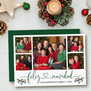 Calligraphy Heart Feliz Navidad Holly Green Holiday Card