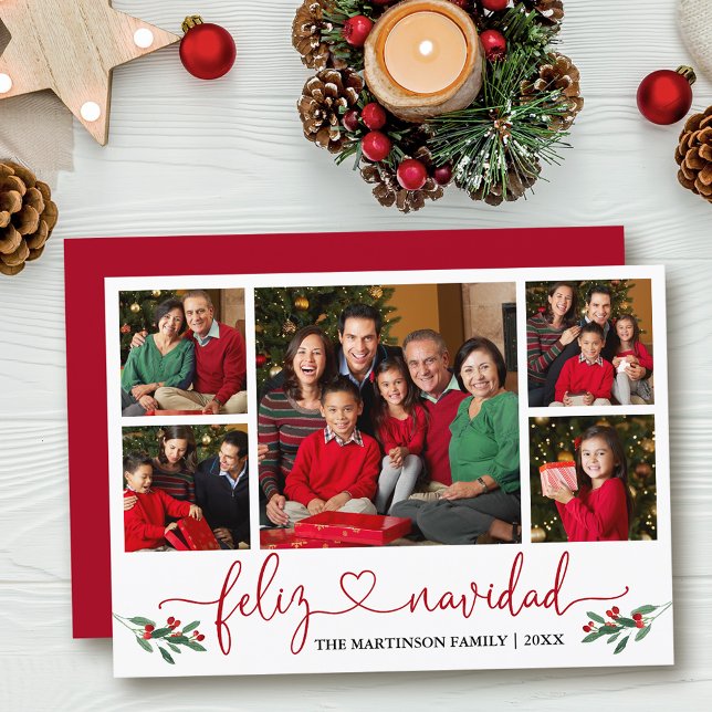 Calligraphy Heart Feliz Navidad Holly Red Holiday Card (Customize to add text to back of card.)