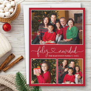 Calligraphy Heart Feliz Navidad Red 3 Photo Holiday Card