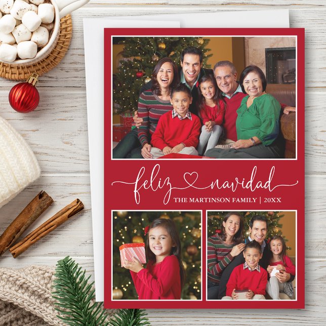 Calligraphy Heart Feliz Navidad Red 3 Photo Holiday Card (Customize to add text to back of card.)