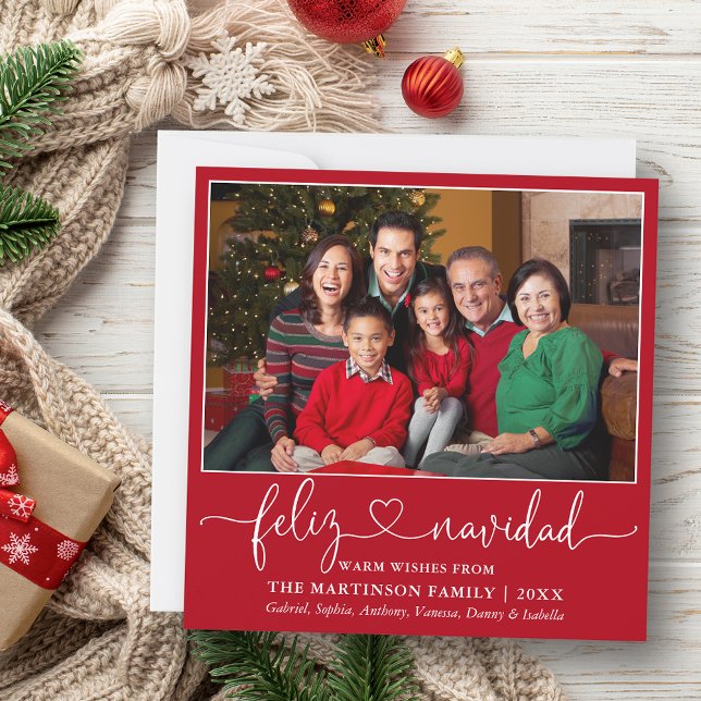 Calligraphy Heart Feliz Navidad Square Red Holiday Card (Customize to add text to back of card.)