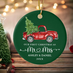 Calligraphy Heart First Christmas Red Truck Green Ceramic Tree Decoration