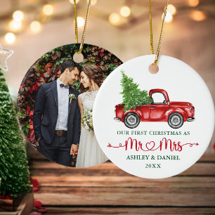 Calligraphy Heart First Christmas Red Truck Photo Ceramic Tree Decoration