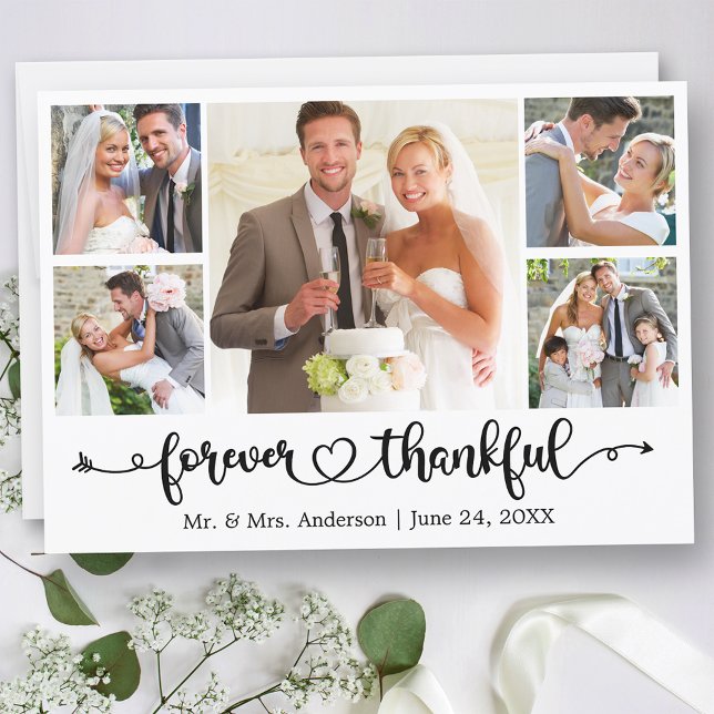 Calligraphy Heart Forever Thankful 5 Photo Wedding Thank You Card (Customize to change your personalized text size or text style.)
